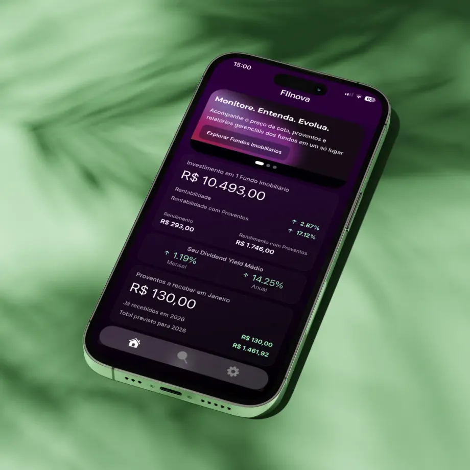 Tela do aplicativo FIInova com indicadores e dividend yield de um fundo imobiliário